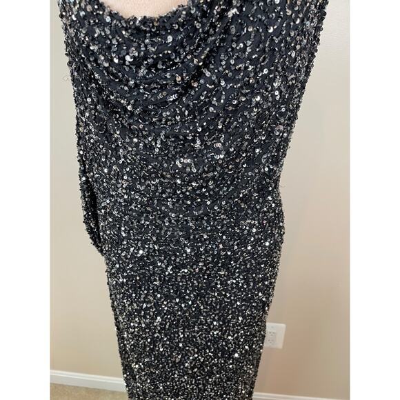 Retrofete Celine Sequin Asymmetrical Shoulder Draped Black Maxi Dress Size L - Picture 4 of 9